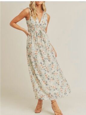 Lush Mint Floral V-Neck Maxi Dress Sz Large Romantic Cottagecore Feminine Cruise